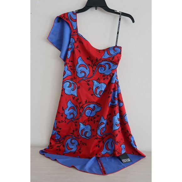 Versace Jeans Couture Sz 6 Red/Blue One Shoulder Envers Satin Print Dress - Picture 1 of 11